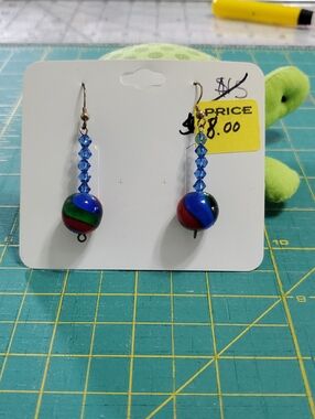 Multicolor Glass Bead Drop Earrings with Blue Crystal Accents